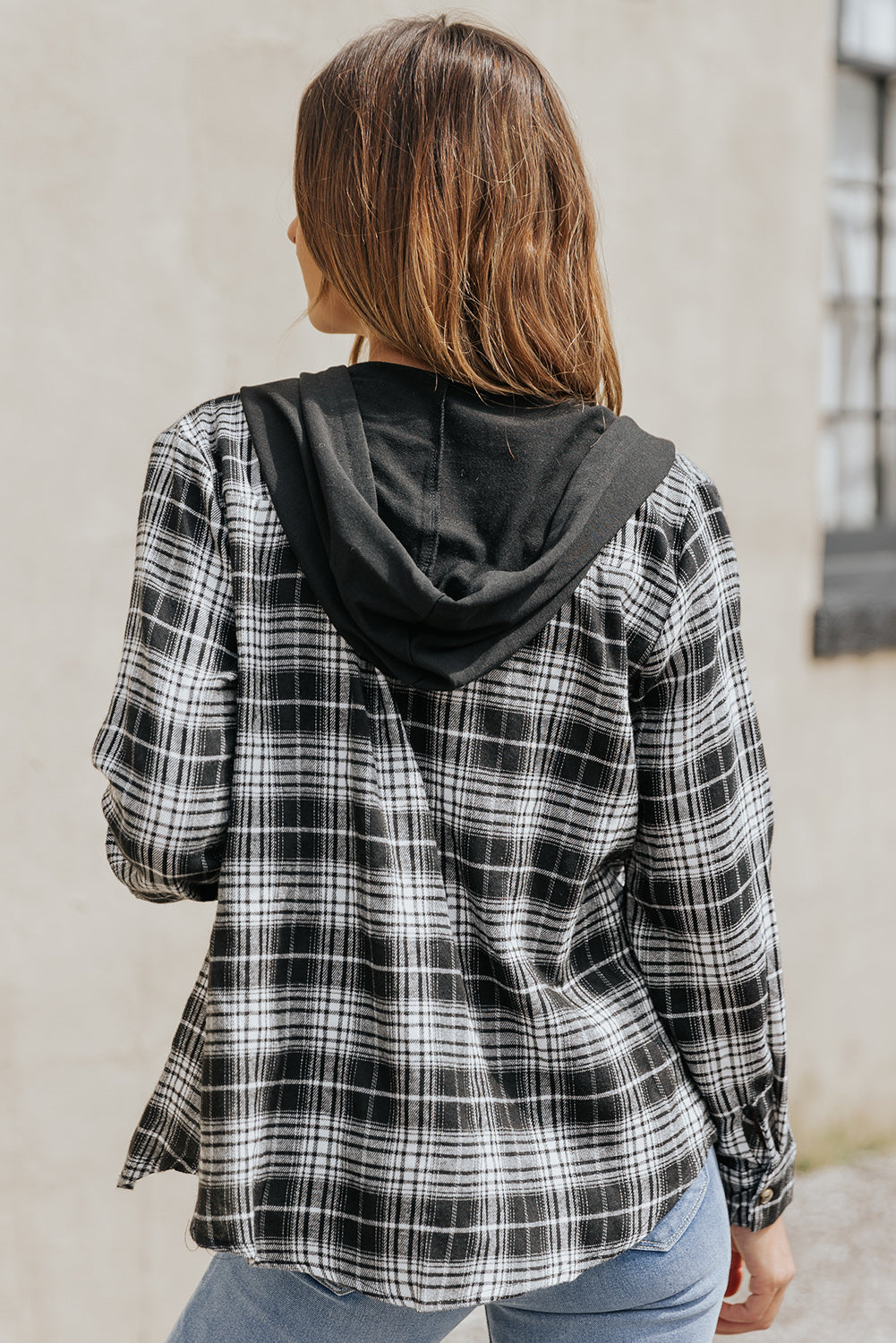Black Plaid Drawstring Hooded Shacket