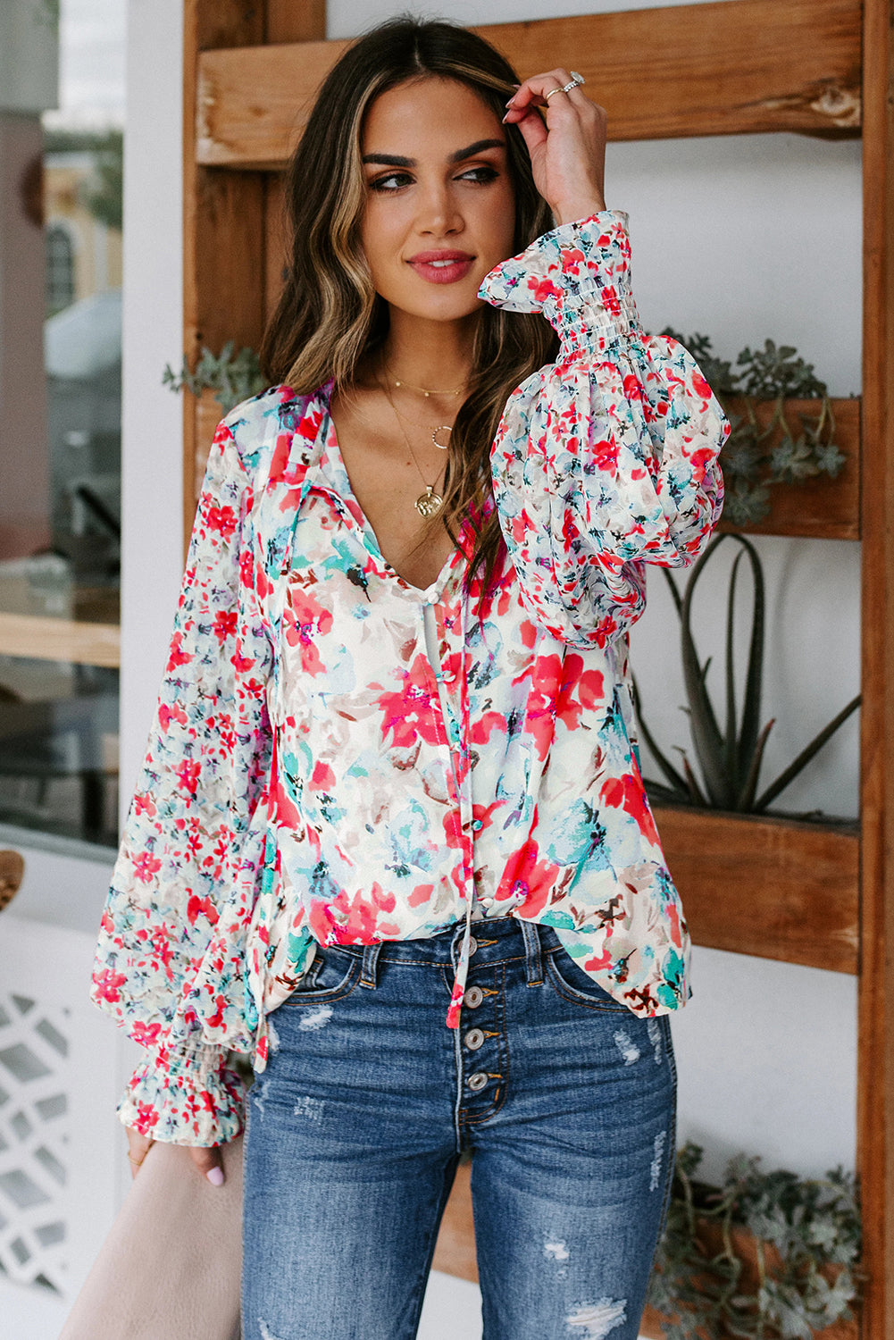 Red Floral Print Boho Tie Front Long Sleeve Blouse for Women