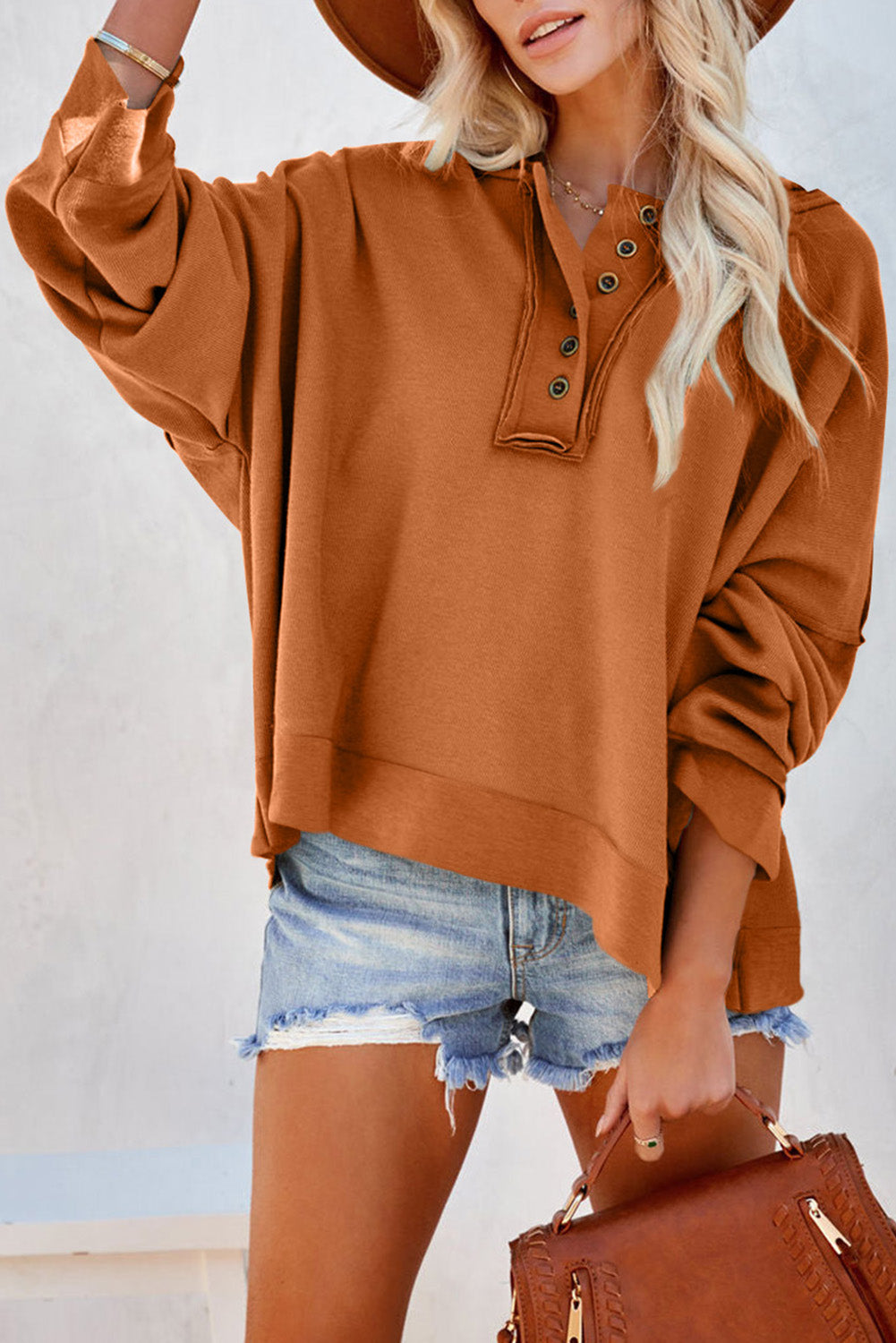 Khaki Solid Casual Button Patchwork Seam Trim Hoodie