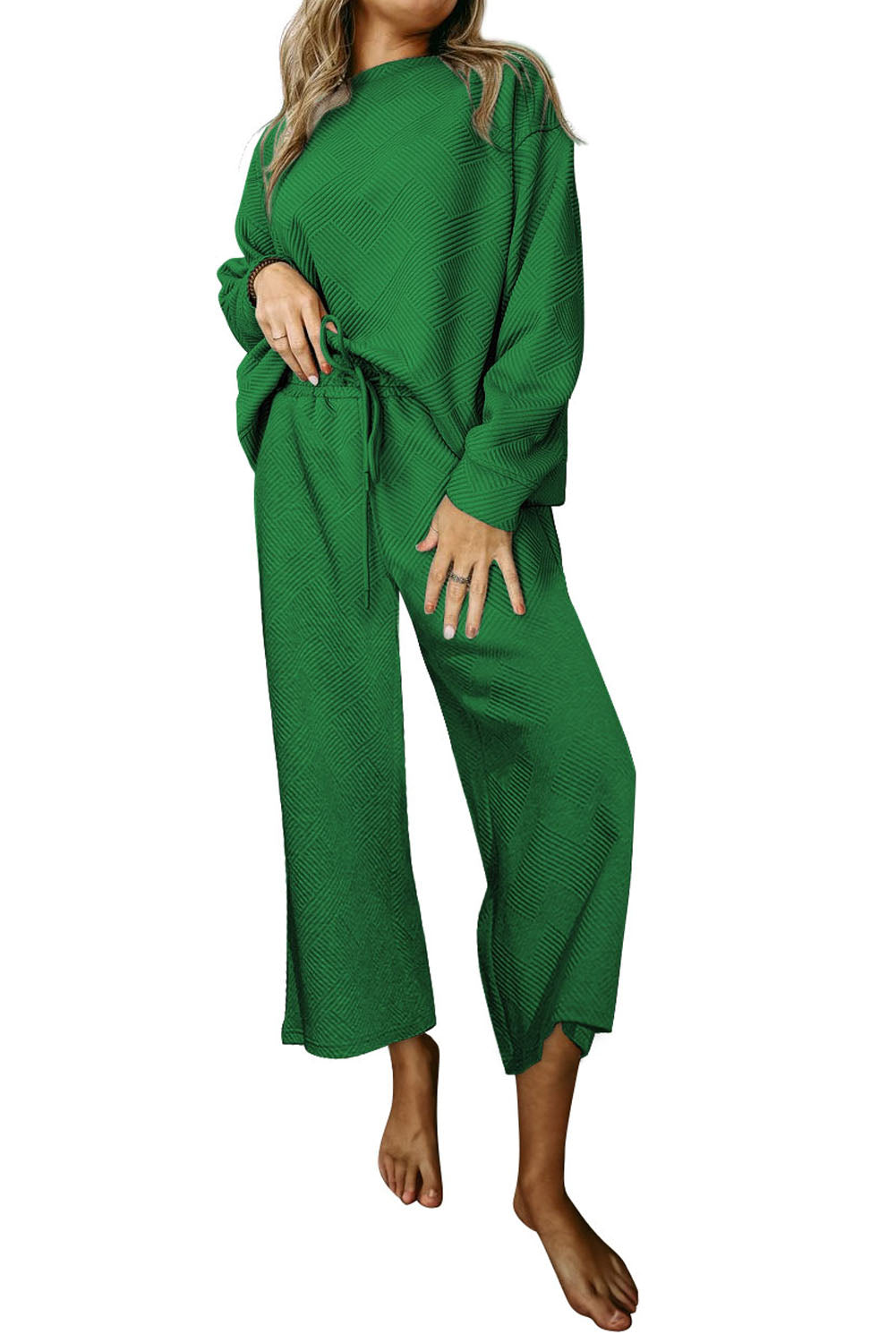 Dark Green Textured Loose Slouchy Long Sleeve Top and Pants Set