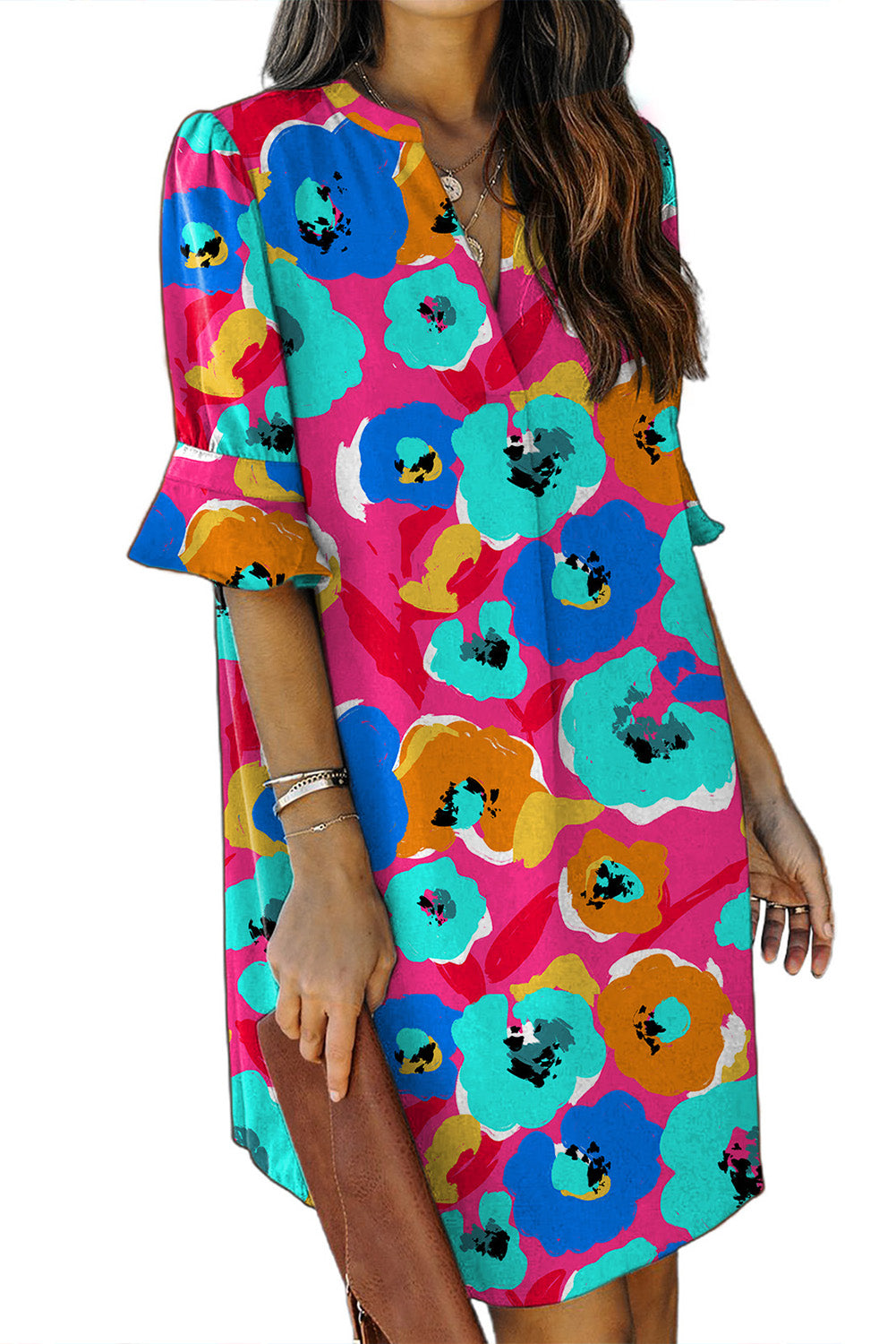 Rose Floral Print Mandarin Collar Short Sleeve Tunic Dress