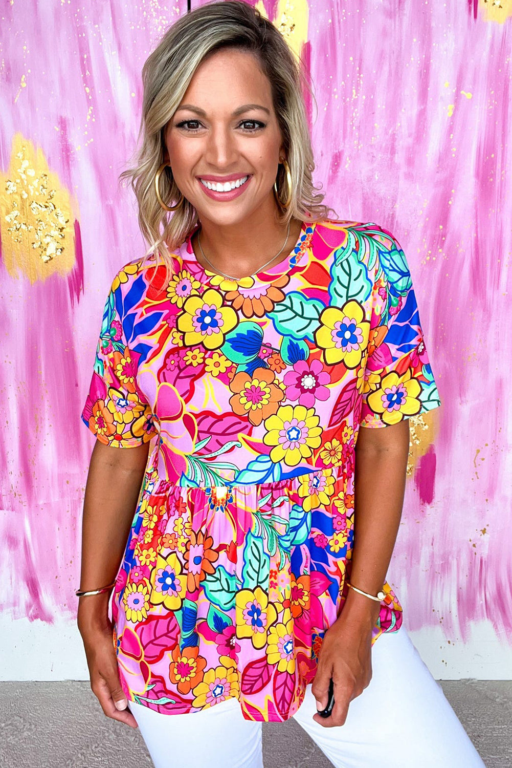 Rose Floral Print Short Sleeve Pleated Babydoll Blouse