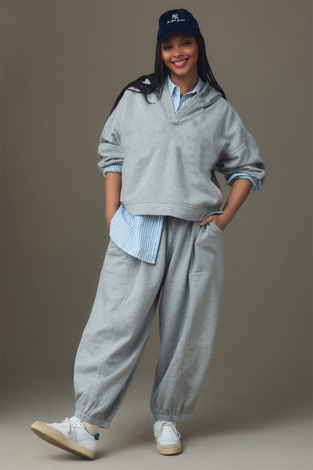Gray Solid Long Sleeve Hooded Pleated Pocket Pants Set