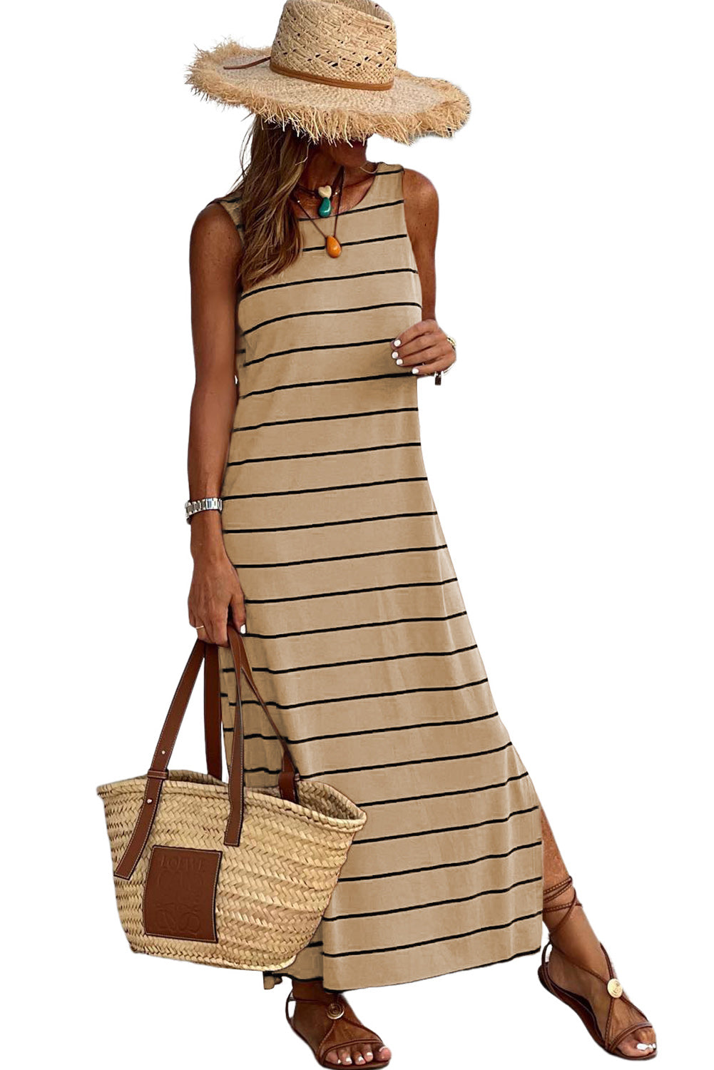 White Stripe Print Open Back Sleeveless Maxi Dress With Slits