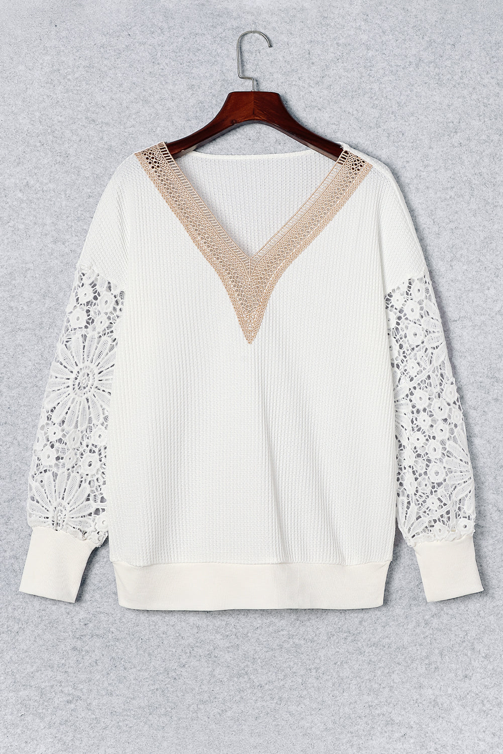 White Lace Splicing V Neck Drop Sleeve Shirt