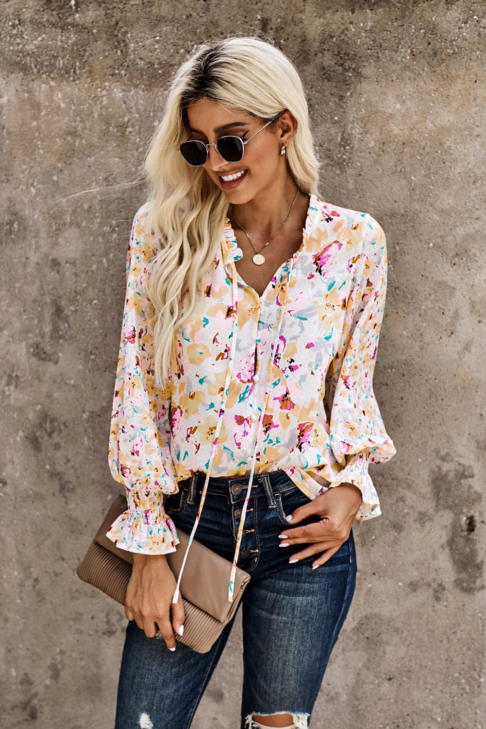 Red Floral Print Boho Tie Front Long Sleeve Blouse for Women