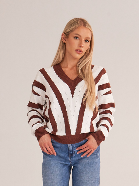 Women's V Neck Stripe Pullover Knitted Sweater H4UAZB7XFQ