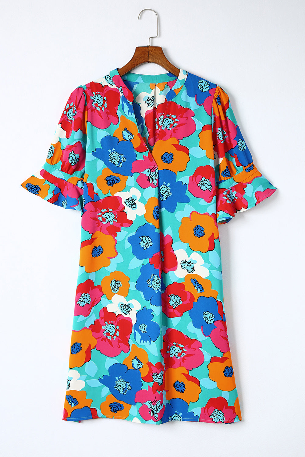 Rose Floral Print Mandarin Collar Short Sleeve Tunic Dress