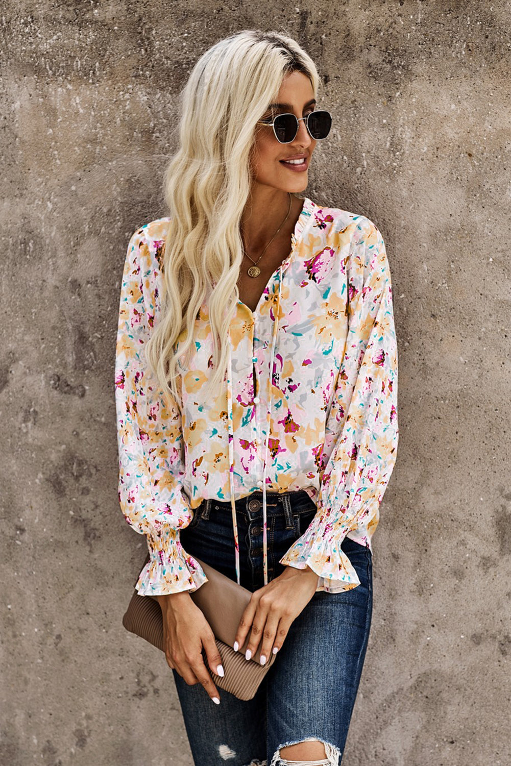 Red Floral Print Boho Tie Front Long Sleeve Blouse for Women