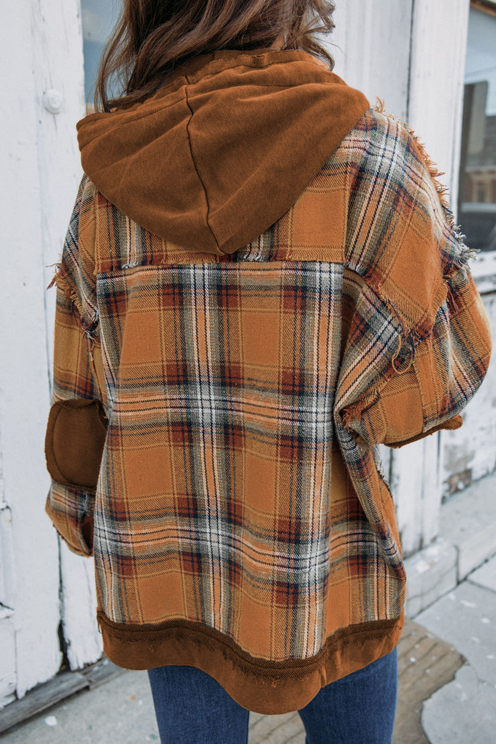 Grey Plaid Patchwork Frayed Trim Snap Button Hooded Jacket