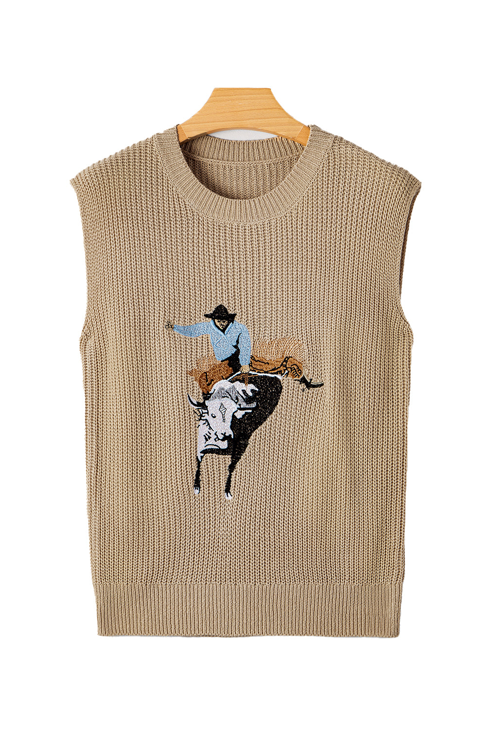 Parchment Cowboy Embroidery Round Neck Sleeveless Knit Top