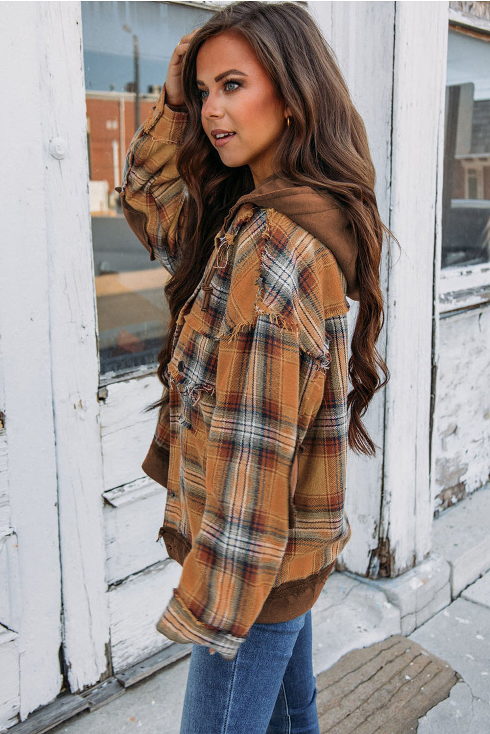 Grey Plaid Patchwork Frayed Trim Snap Button Hooded Jacket