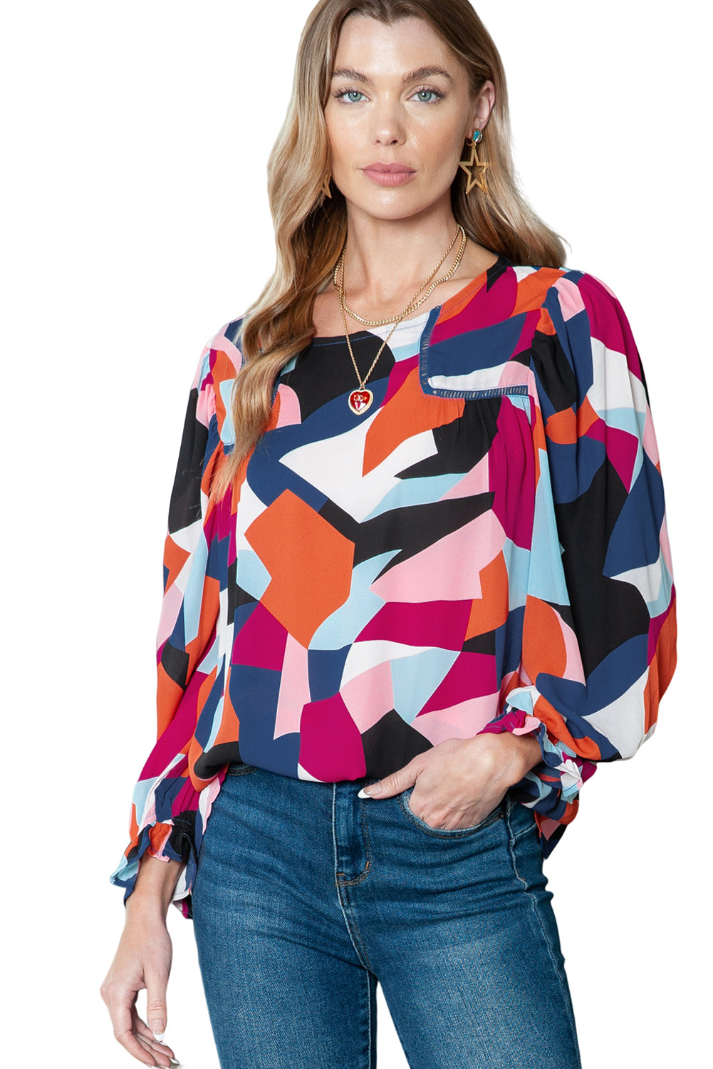 Multicolor Colorblock Casual Ruffle Puff Sleeve Blouse
