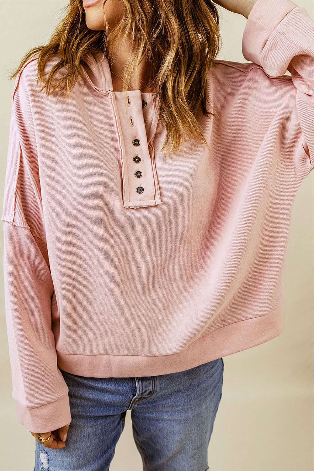 Khaki Solid Casual Button Patchwork Seam Trim Hoodie
