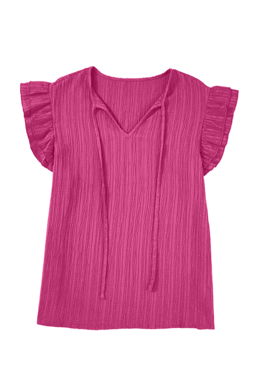 Rose Red Textured Tie Neck Ruffle Sleeve Blouse