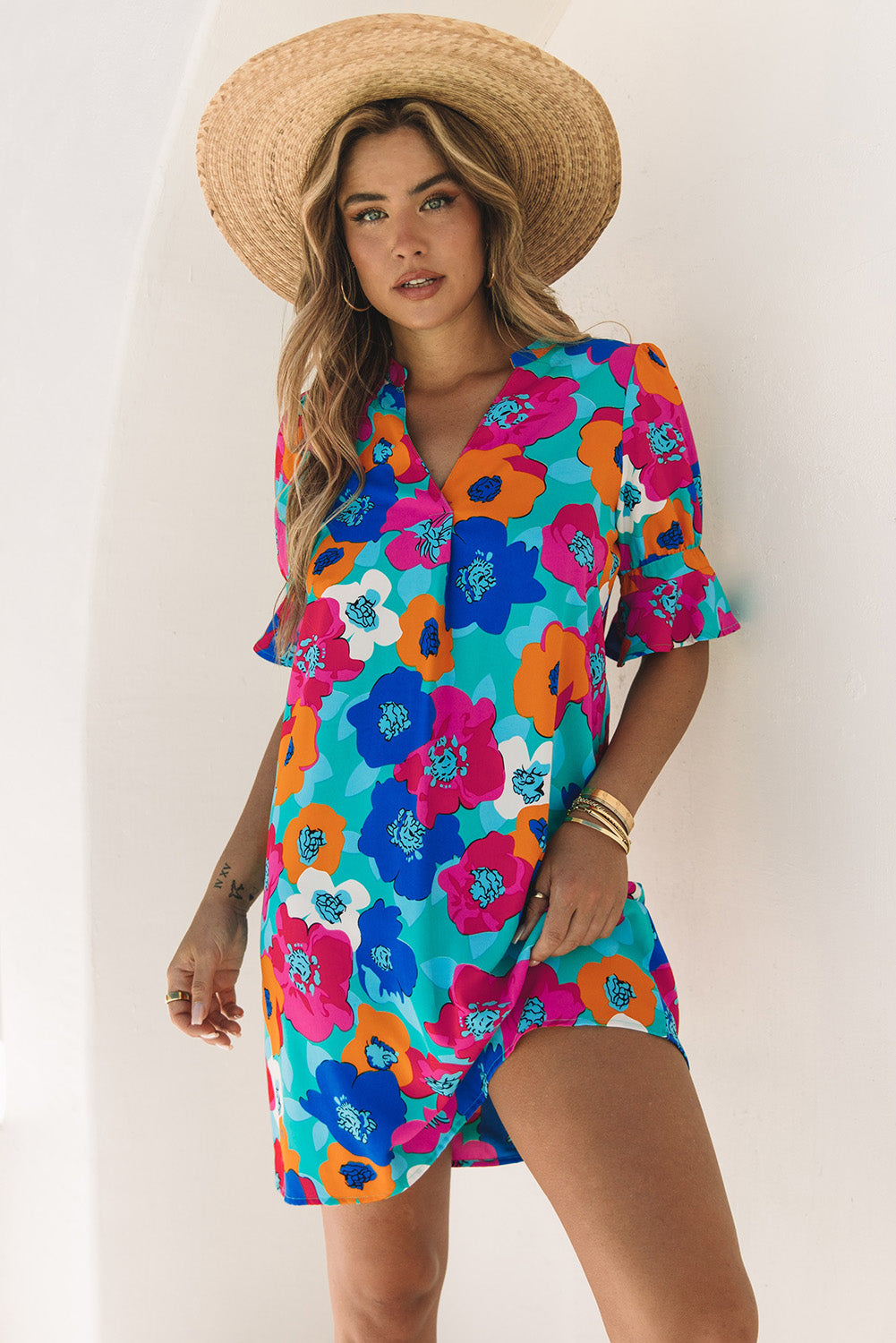 Rose Floral Print Mandarin Collar Short Sleeve Tunic Dress