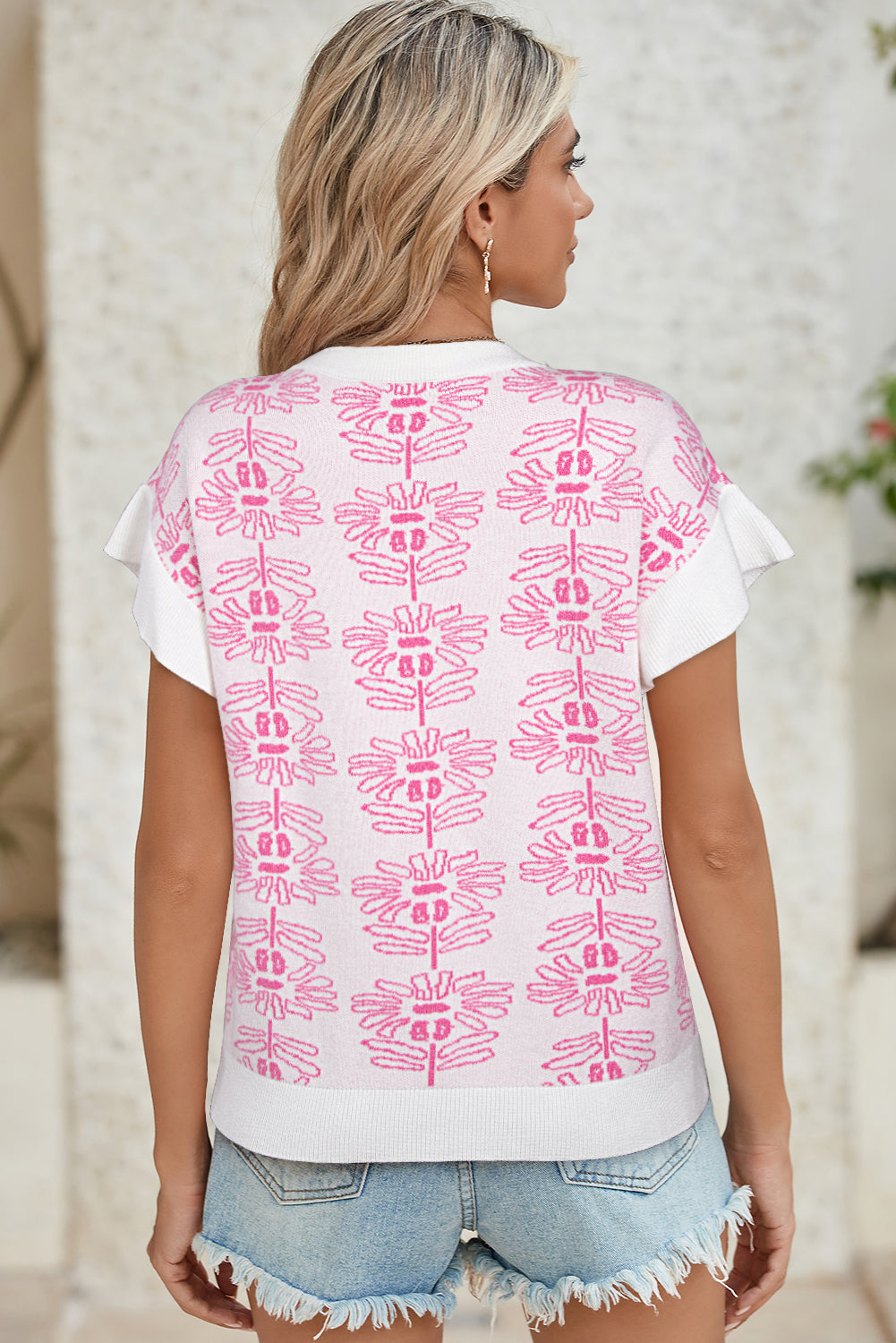 White Floral Ruffle Bell Sleeve Knit Top