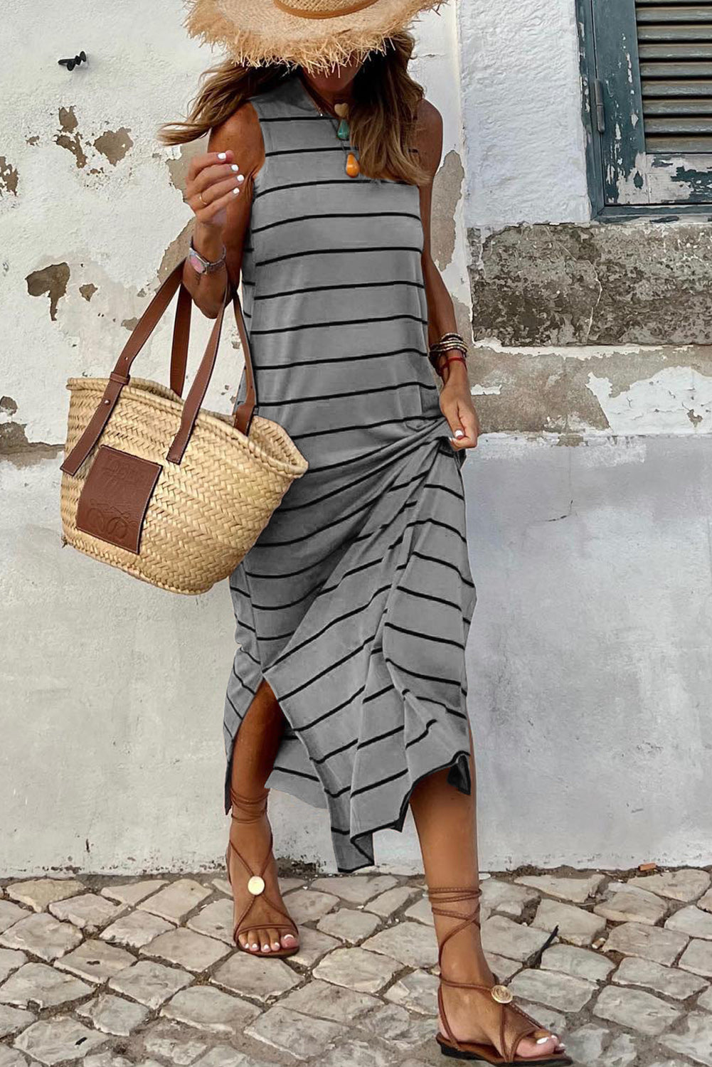 White Stripe Print Open Back Sleeveless Maxi Dress With Slits