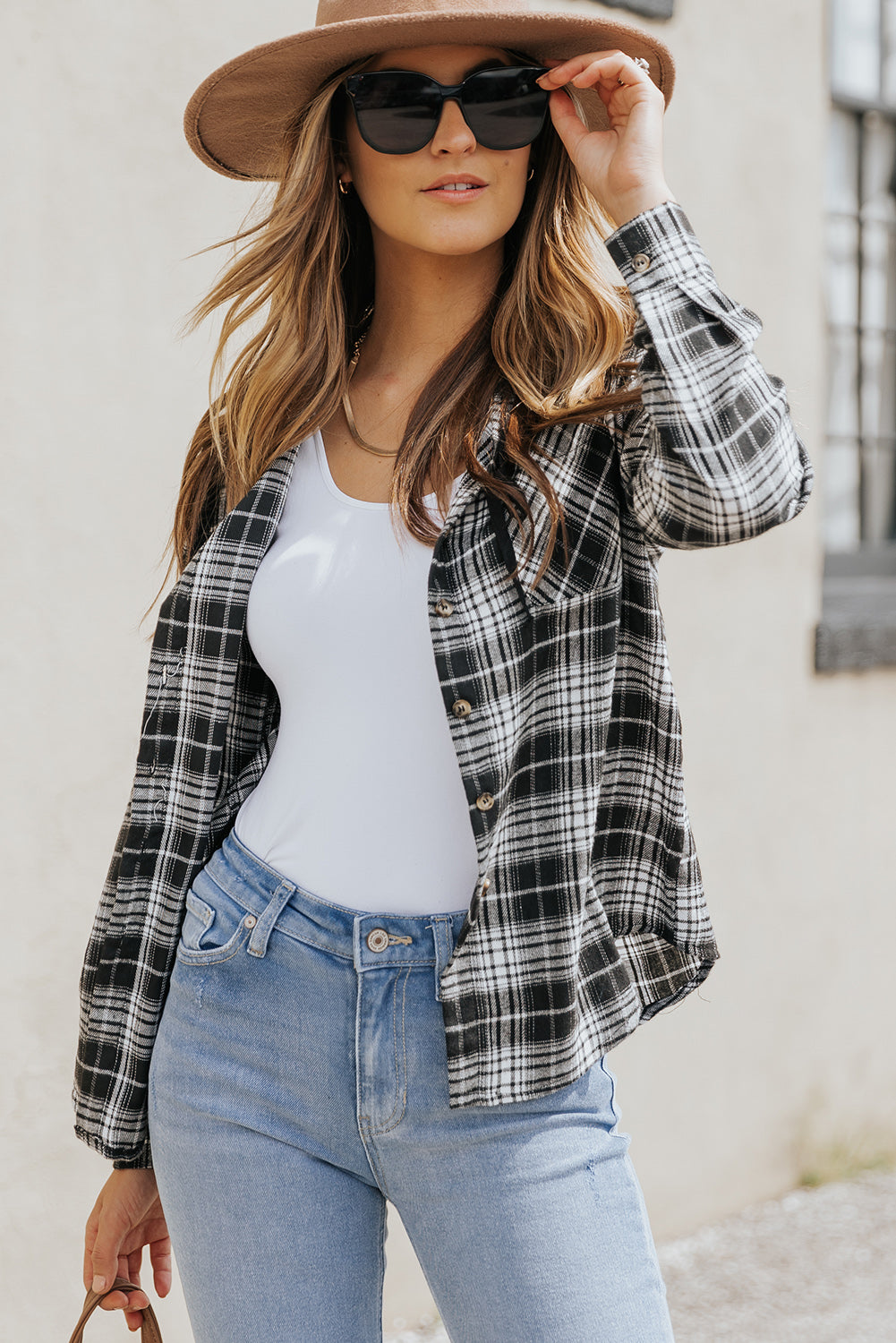 Black Plaid Drawstring Hooded Shacket