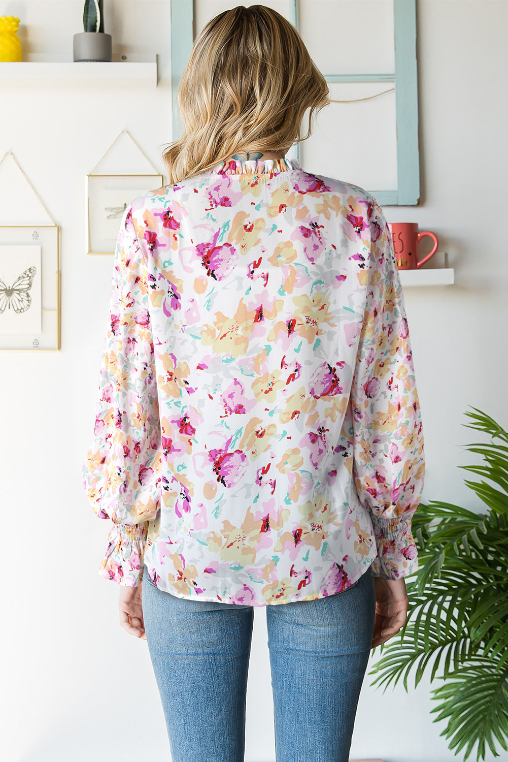 Red Floral Print Boho Tie Front Long Sleeve Blouse for Women