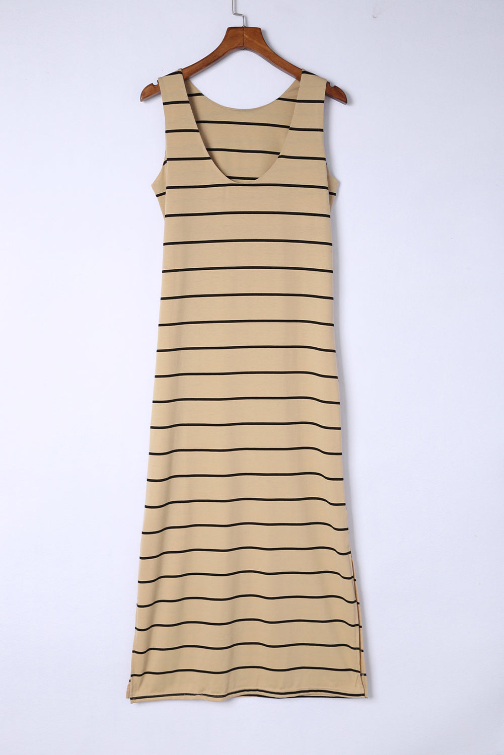 White Stripe Print Open Back Sleeveless Maxi Dress With Slits