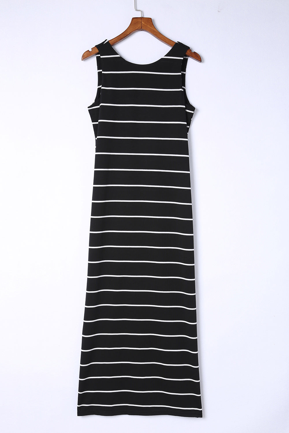White Stripe Print Open Back Sleeveless Maxi Dress With Slits