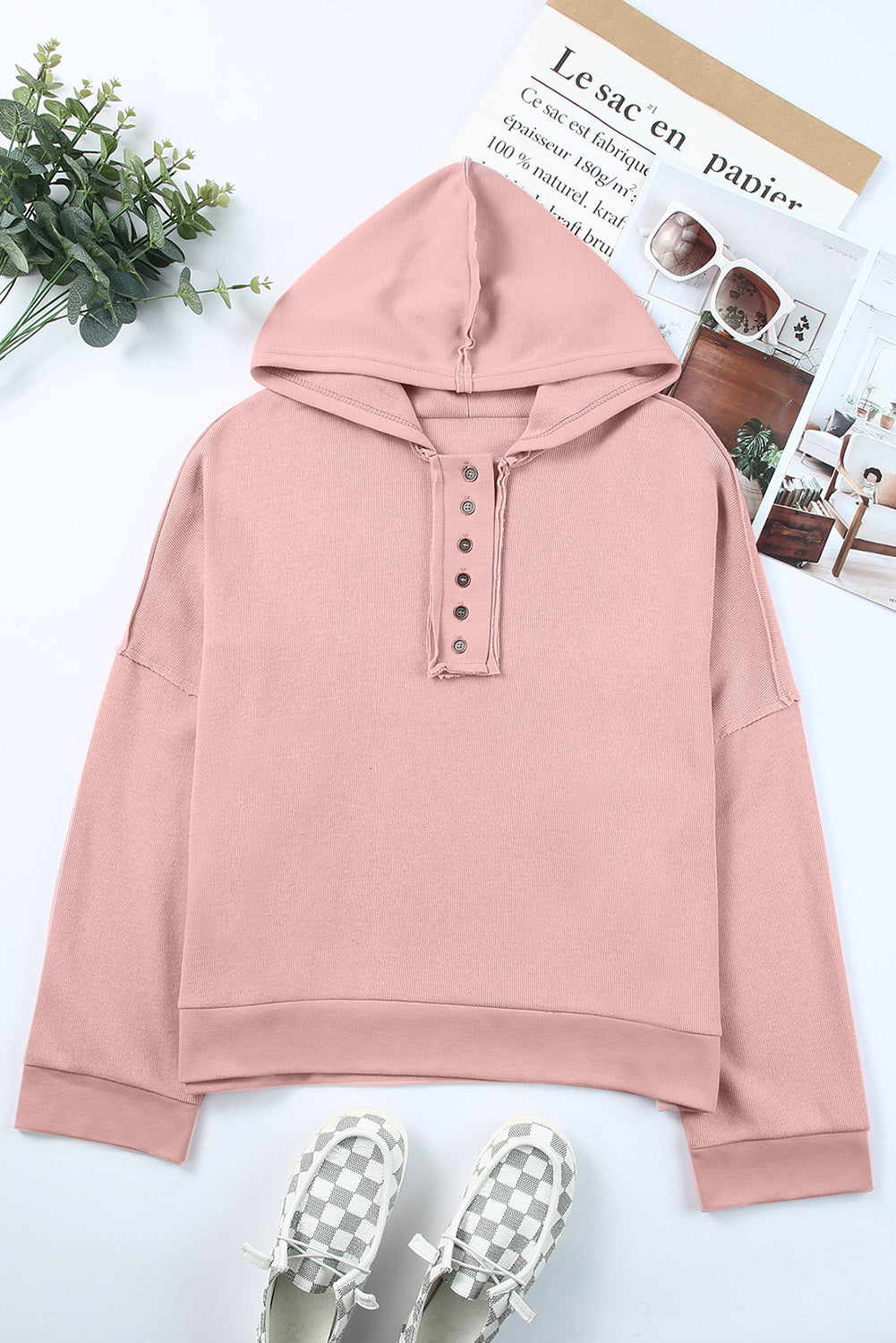 Khaki Solid Casual Button Patchwork Seam Trim Hoodie