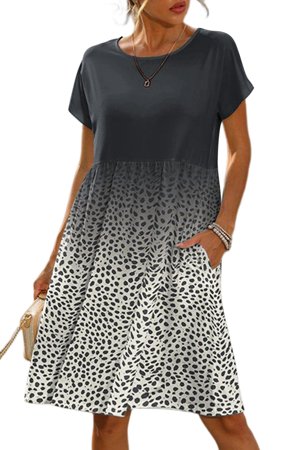 Rose Dotted Contrast Casual Pocket T Shirt Dress