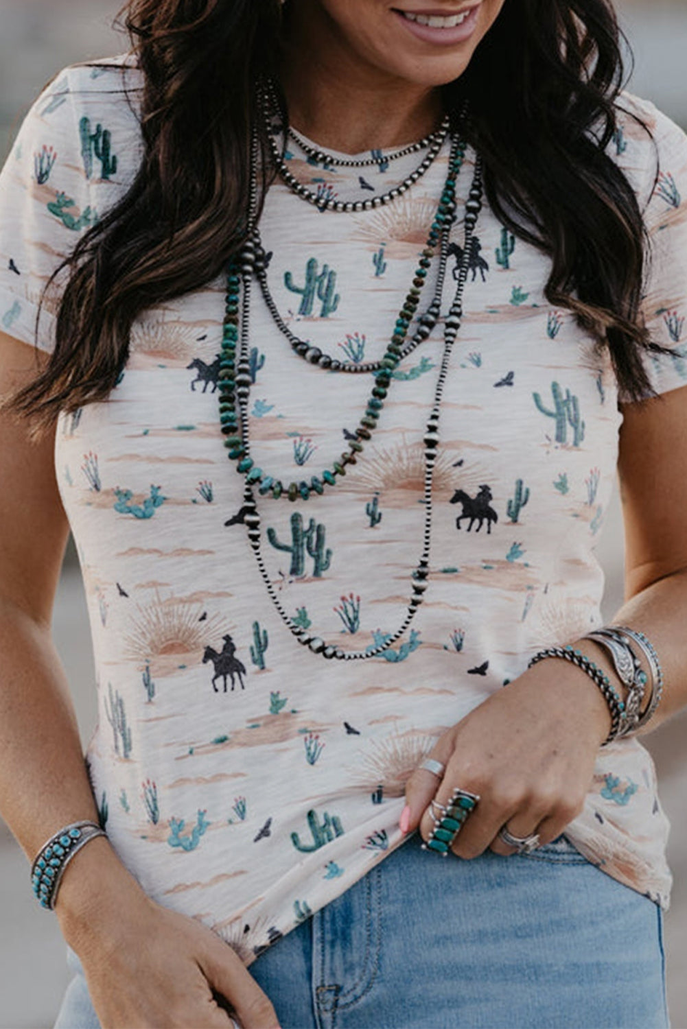 Beige Cactus Print Crew Neck Short Sleeve Top - Kustom Kreations Goods