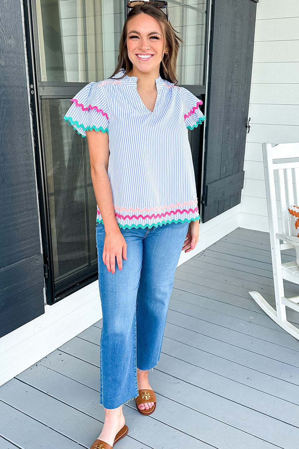 Sky Blue Striped Ricrac Splicing Frill V-Neck Blouse