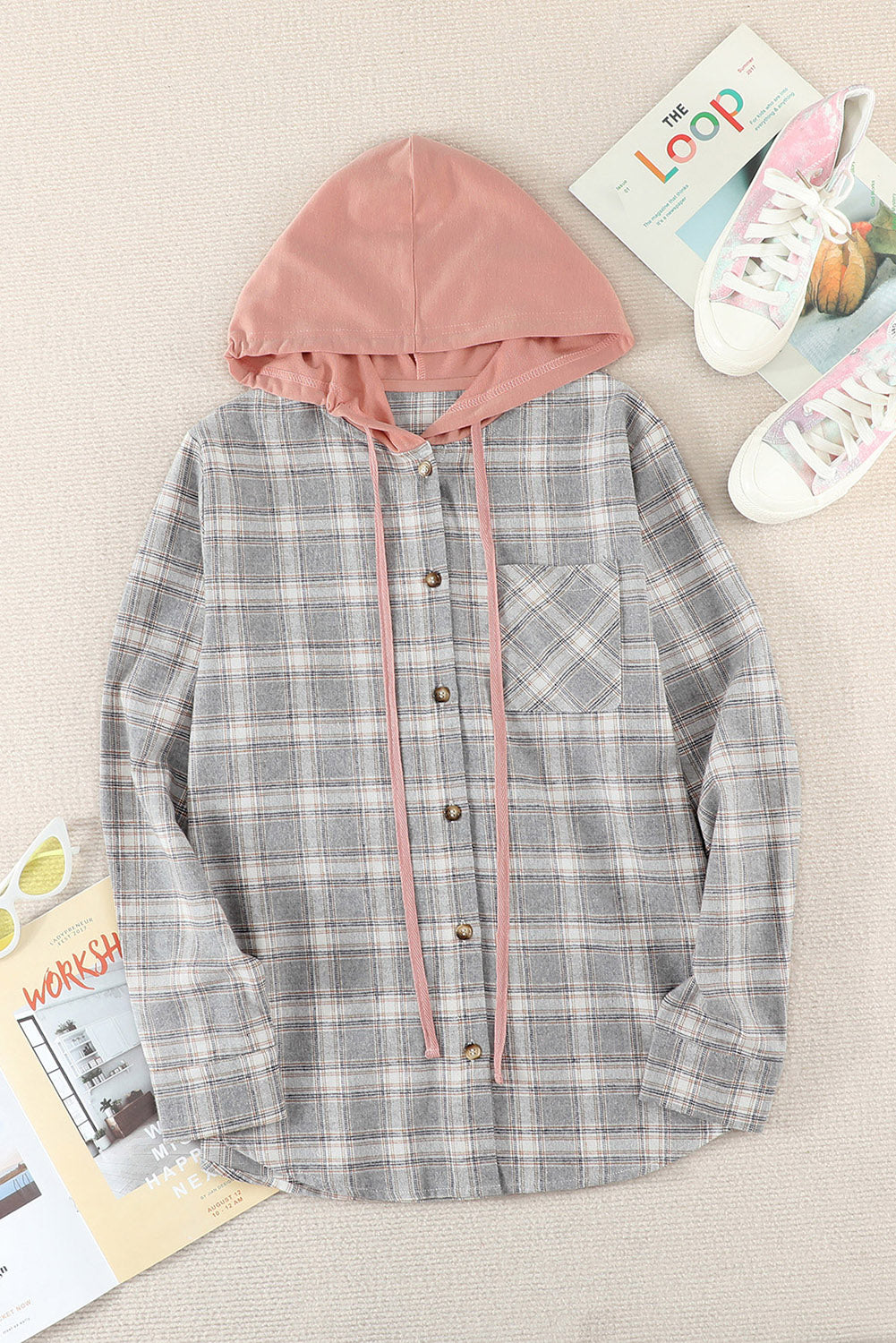 Black Plaid Drawstring Hooded Shacket