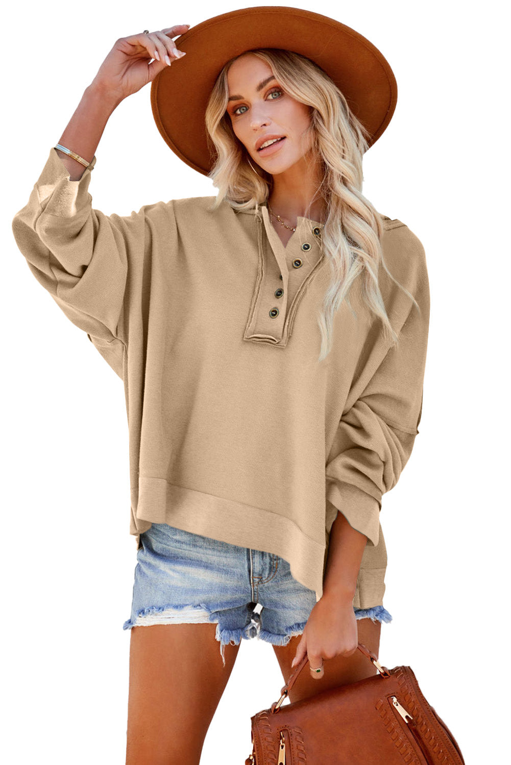 Khaki Solid Casual Button Patchwork Seam Trim Hoodie