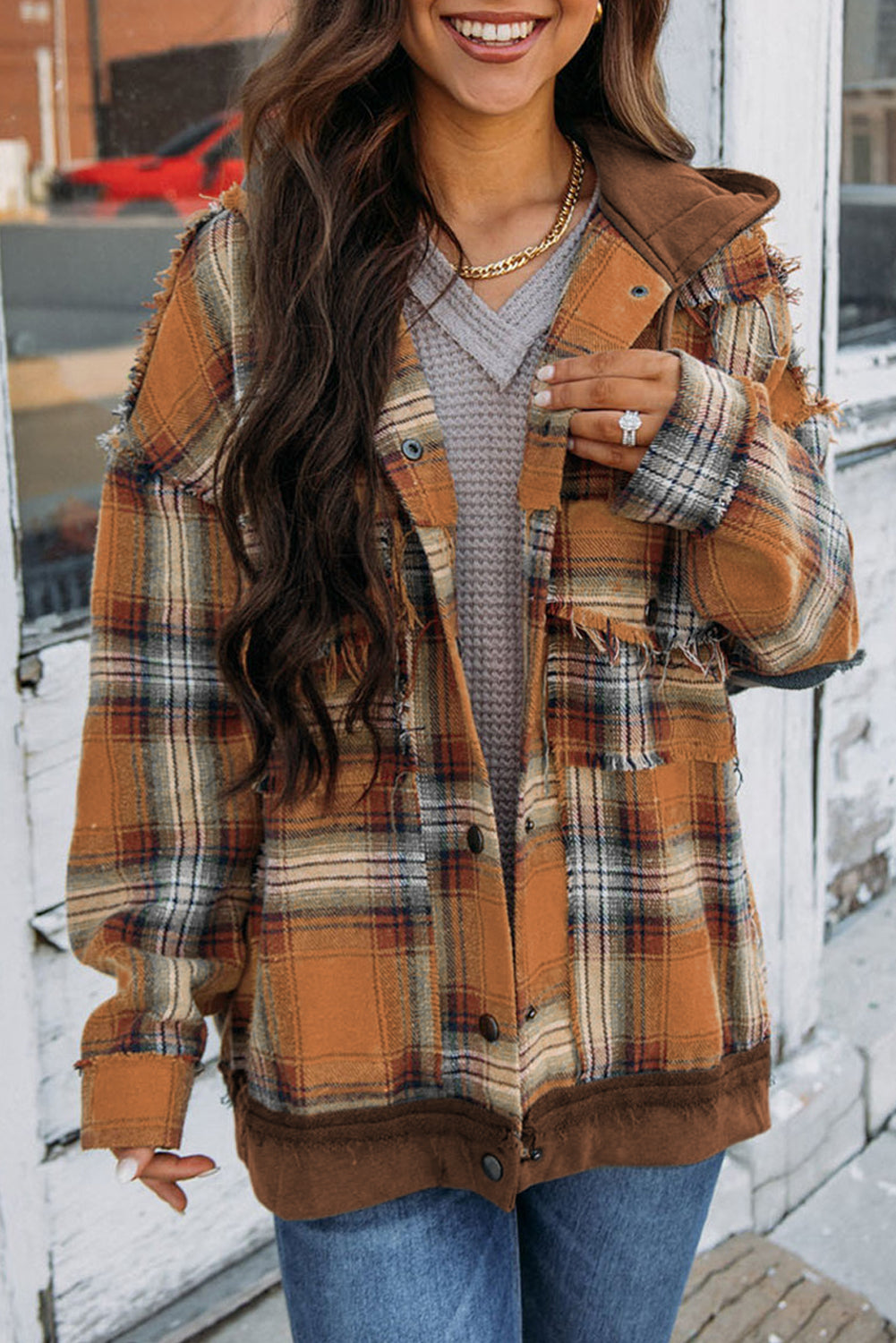 Grey Plaid Patchwork Frayed Trim Snap Button Hooded Jacket