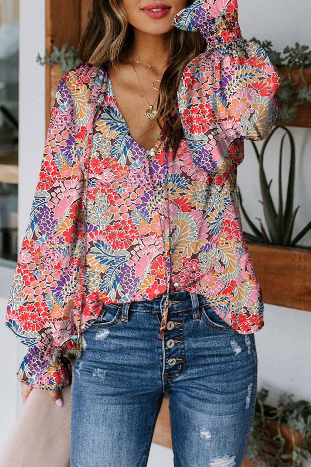 Red Floral Print Boho Tie Front Long Sleeve Blouse for Women