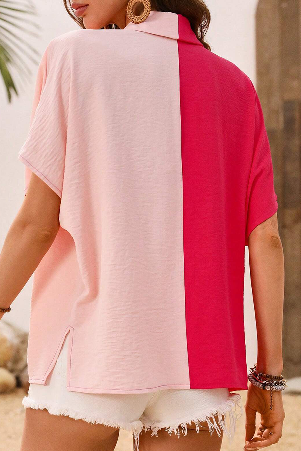 Rose Red Colorblock Crinkle Dolman Blouse