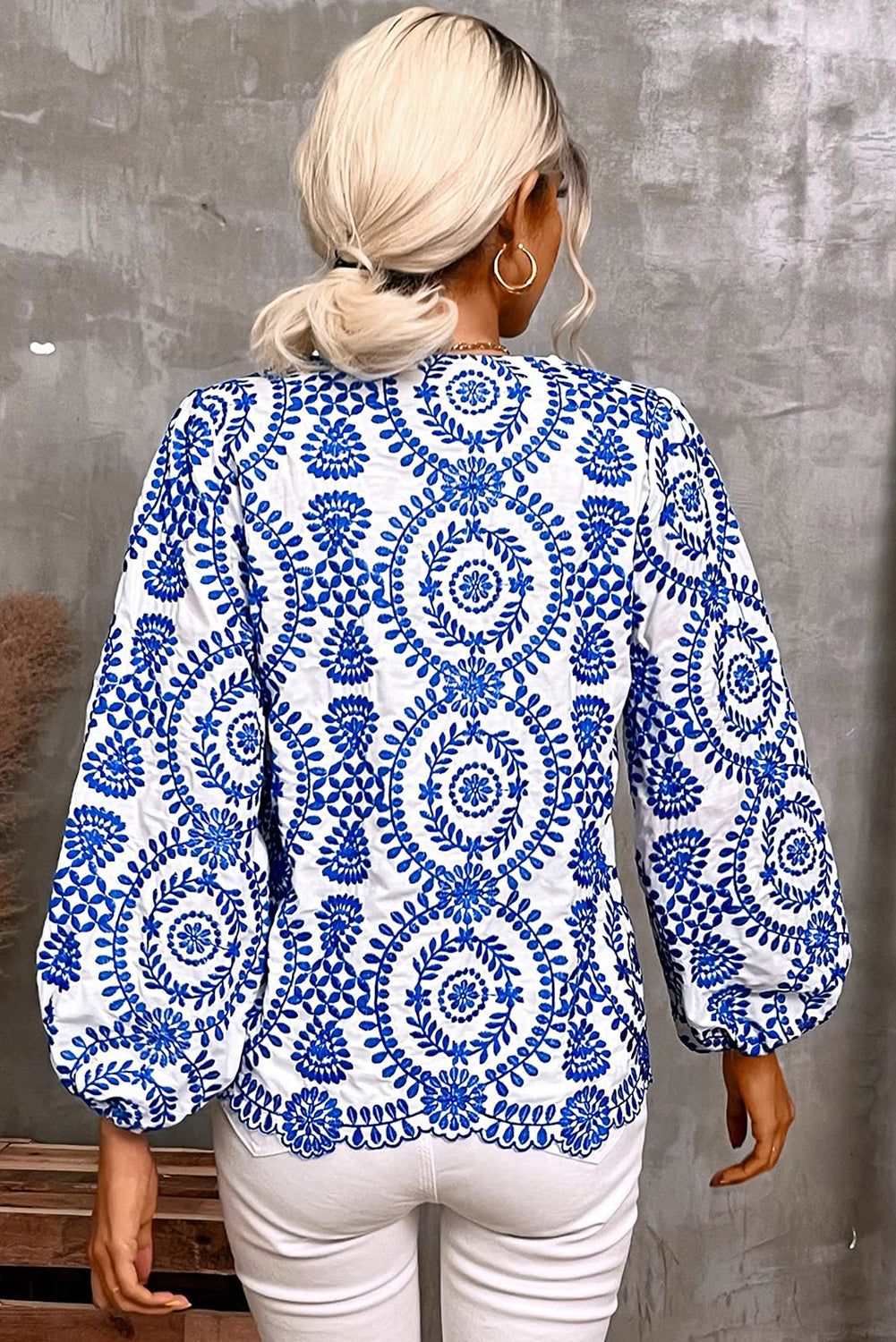 Sky Blue Embroidered V Neck Puff Sleeve Boho Blouse