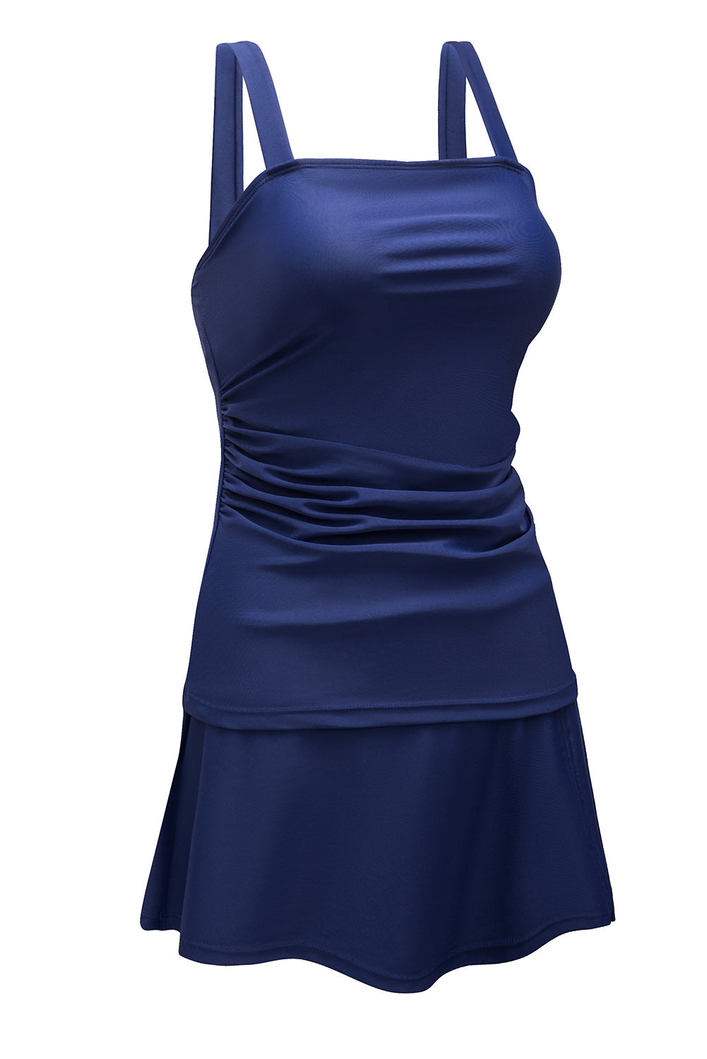 Blue Square Neck Adjustable Strap Ruched Tankini Swimsuit