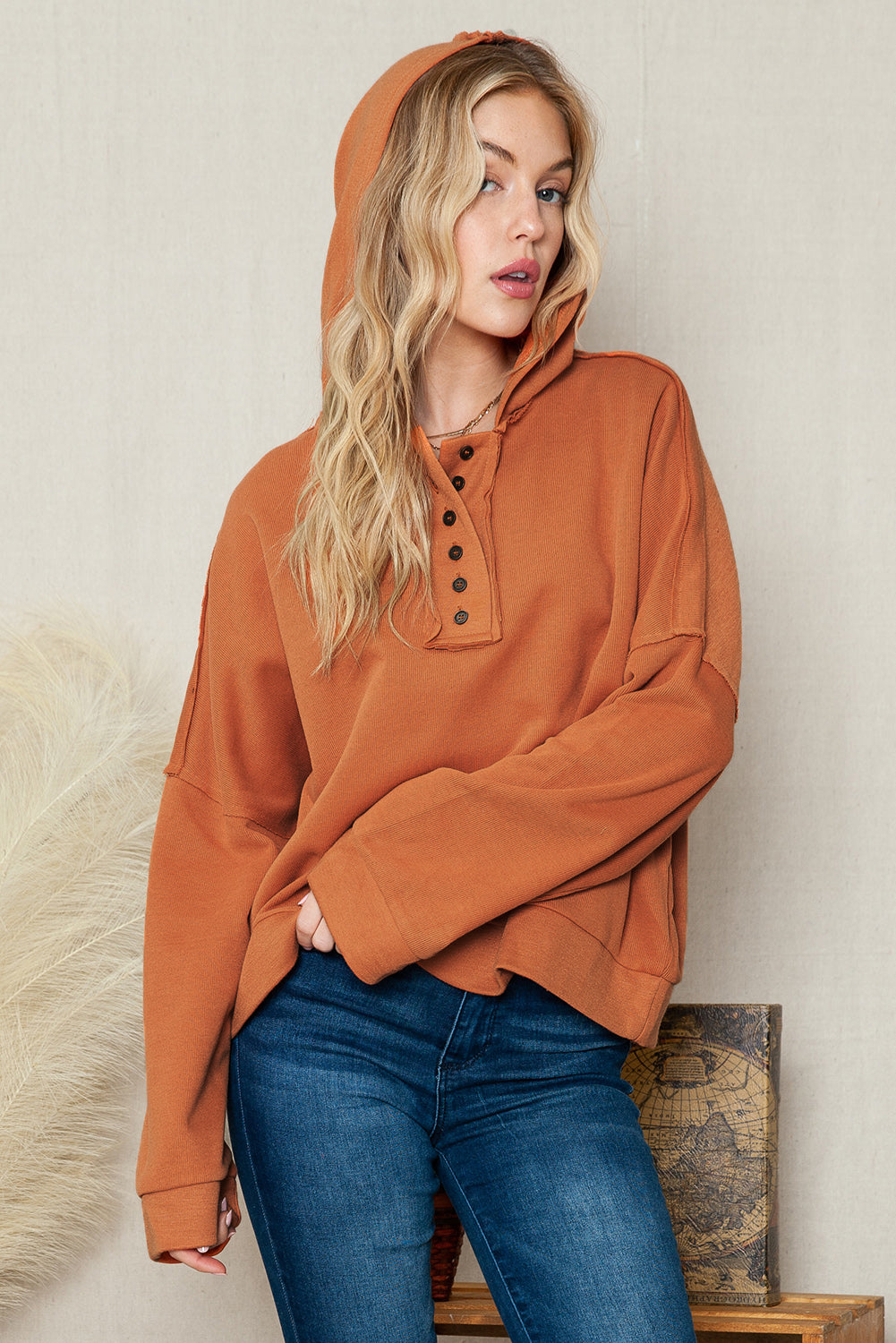 Khaki Solid Casual Button Patchwork Seam Trim Hoodie