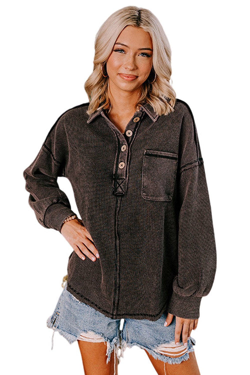 Laurel Green Waffle Exposed Seam Washed Henley Sweatshirt