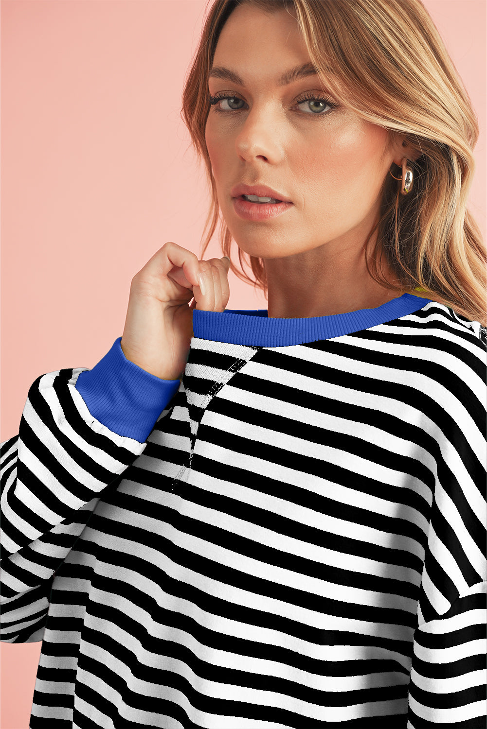 Blue Stripe Contrast Edge Cross Seam Oversized Pullover - Kustom Kreations Goods