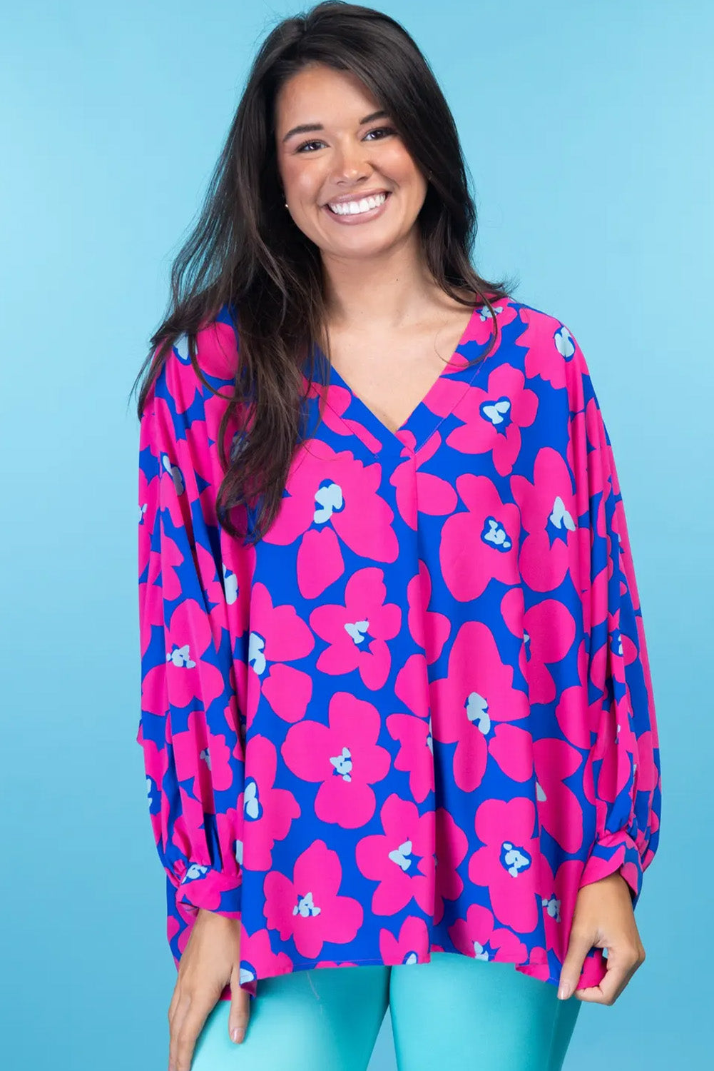 Rose Floral Long Sleeve V Neck Blouse