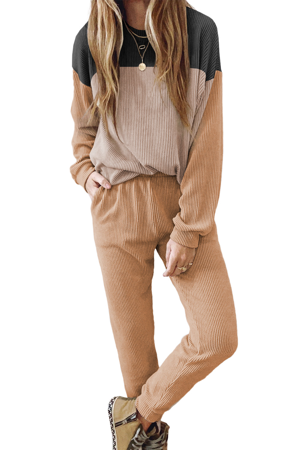 Khaki Colorblock Corded Slouchy Top and Pants Set