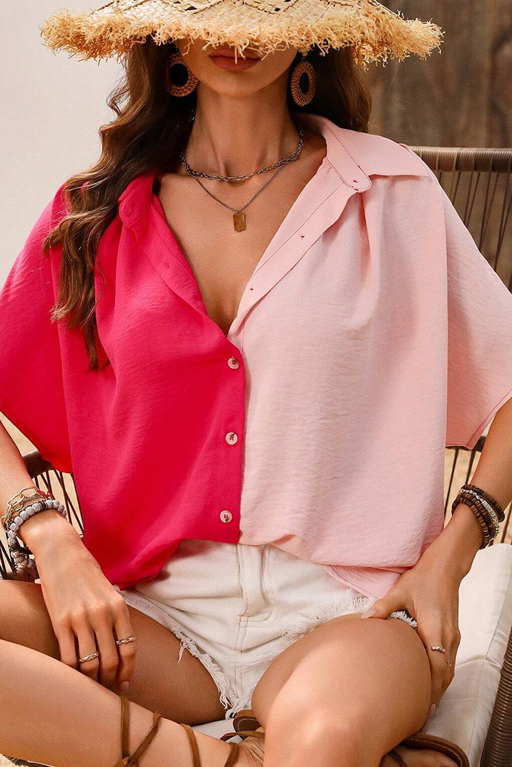 Rose Red Colorblock Crinkle Dolman Blouse