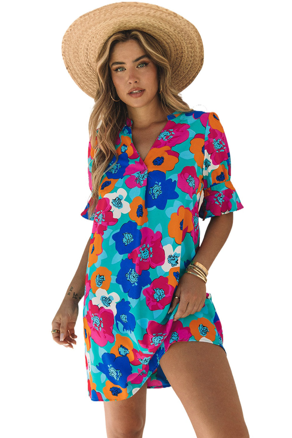 Rose Floral Print Mandarin Collar Short Sleeve Tunic Dress