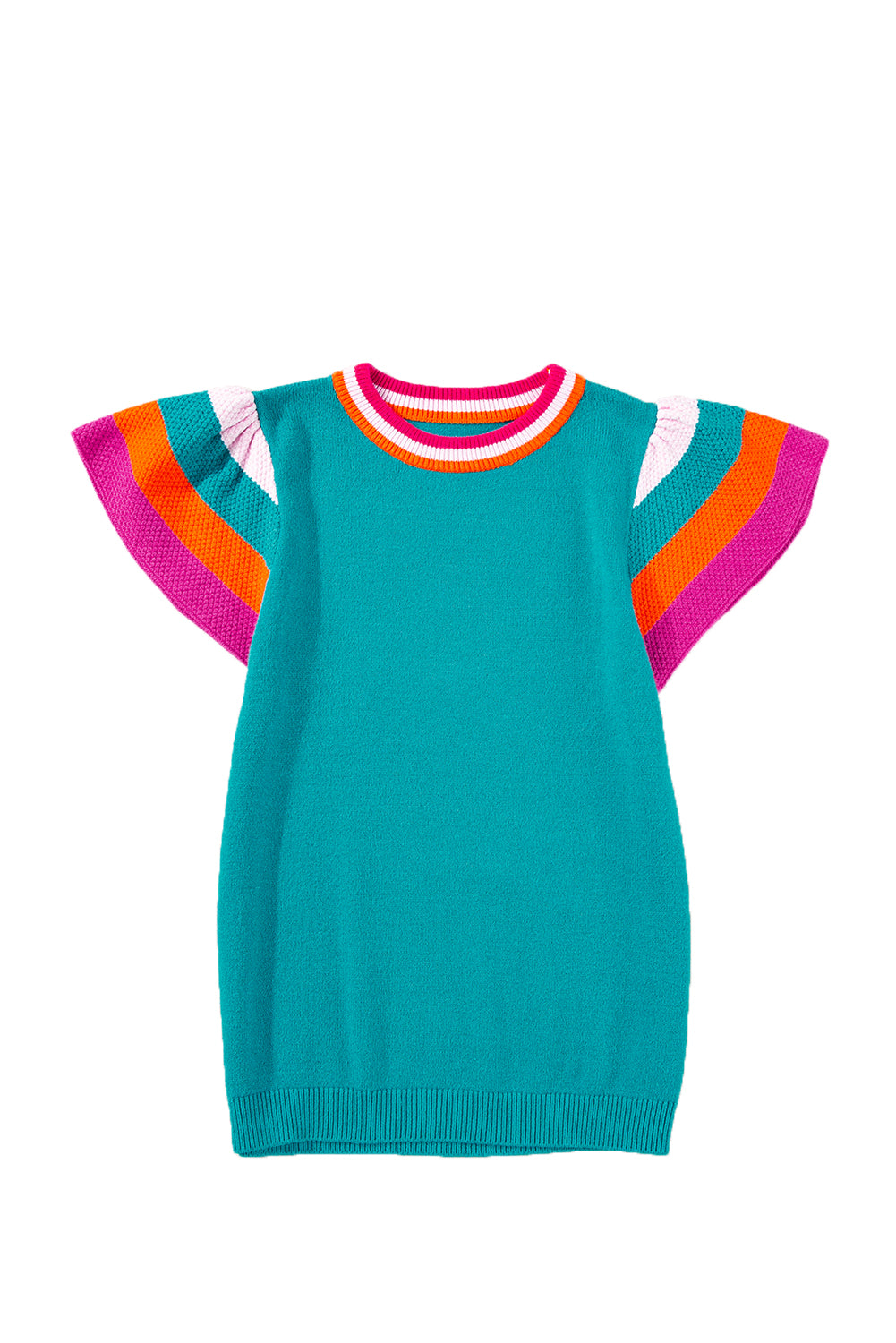 Turquoise Contrast Sleeve Striped Round Neck Knitted Tee