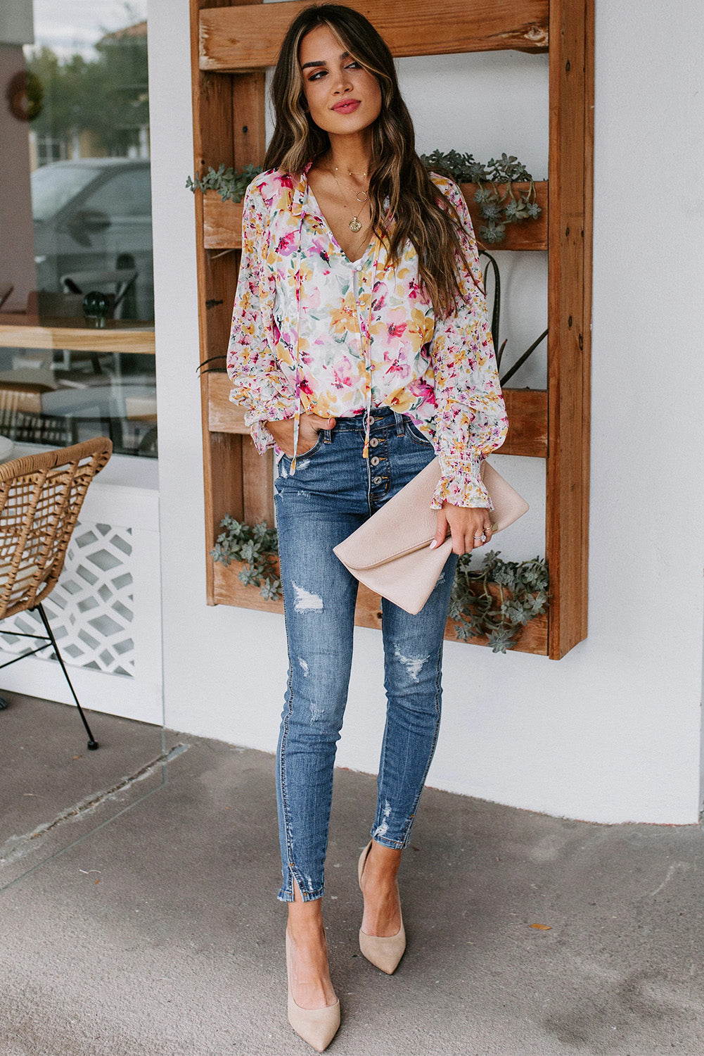 Red Floral Print Boho Tie Front Long Sleeve Blouse for Women
