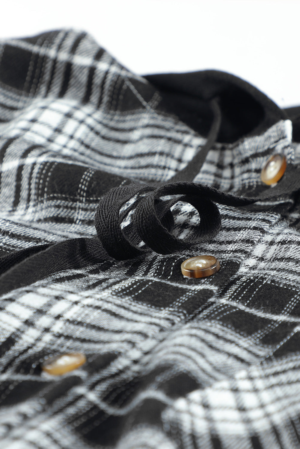 Black Plaid Drawstring Hooded Shacket