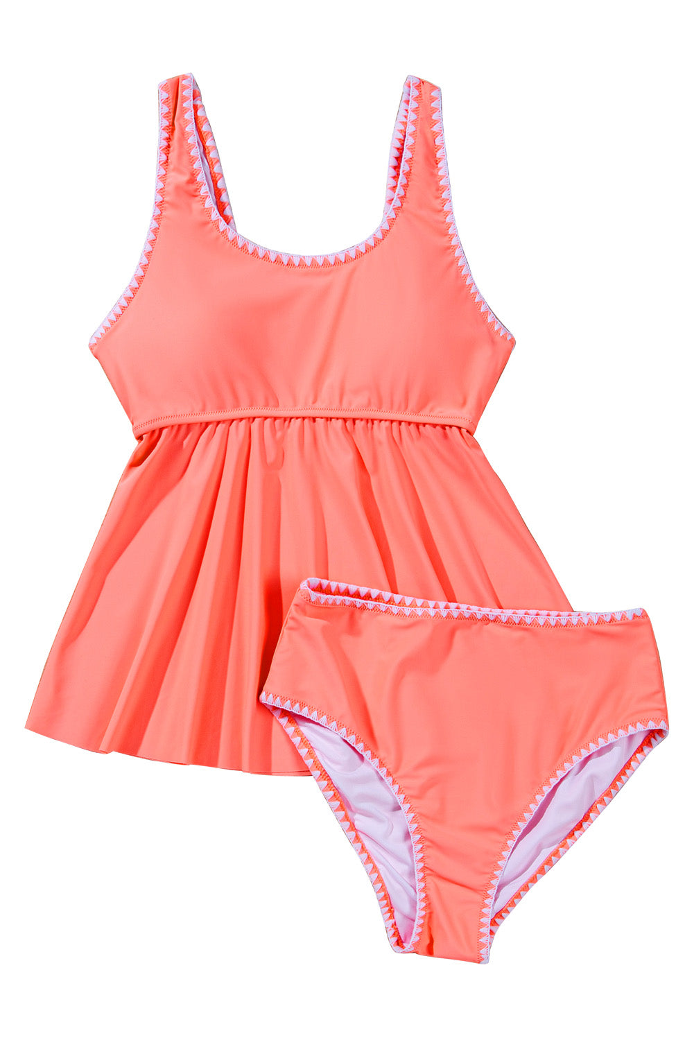 Fresh Salmon Contrast Trim Ruffled Peplum Tankini Set