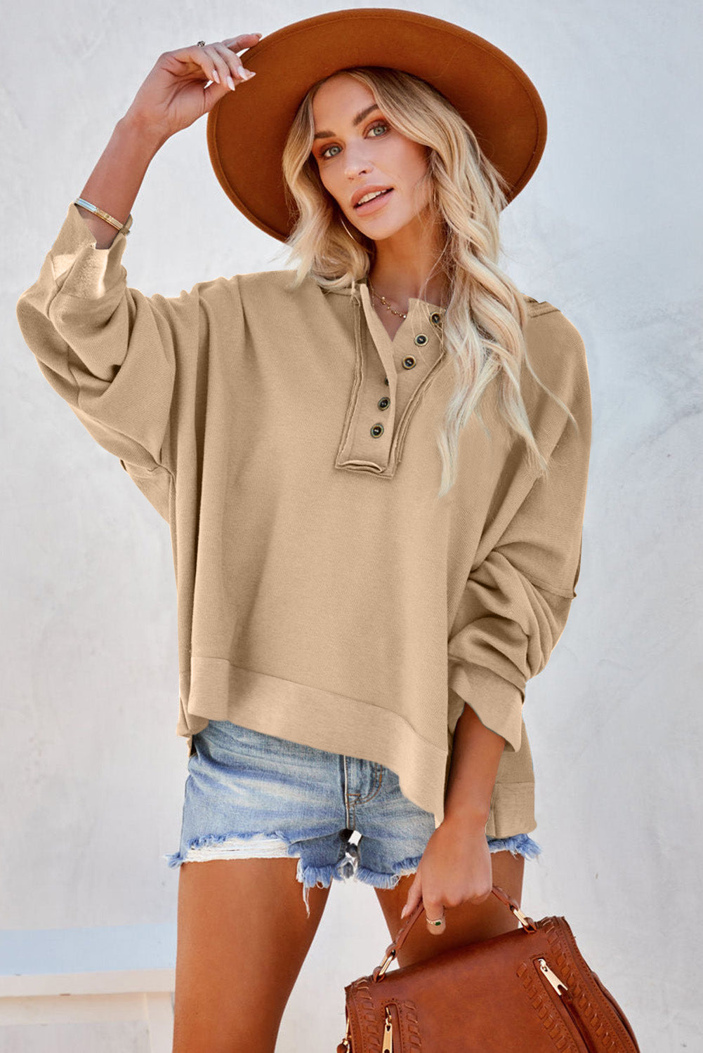 Khaki Solid Casual Button Patchwork Seam Trim Hoodie