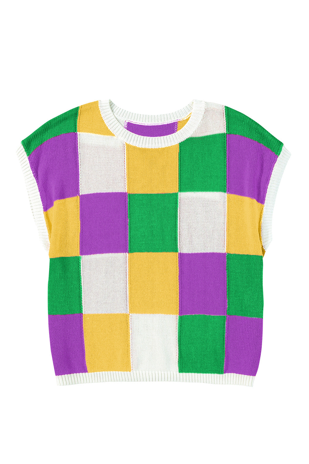 Tillandsia Purple Checkered Color Block Cap Sleeve Mardi Gras Knitted Top